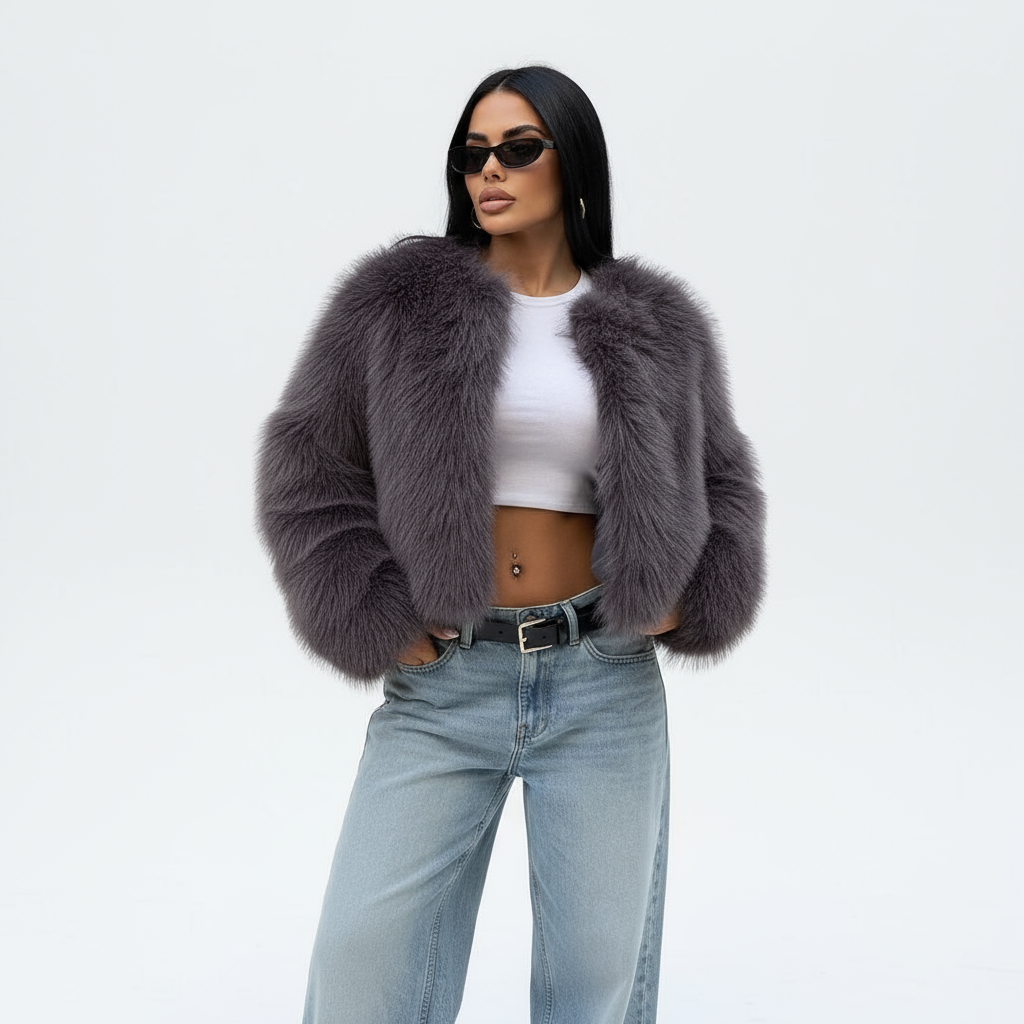 Dámská zimní plyšová kožešinová krátká bunda – silné ležérní svrchní oblečení s kapsami, výstřih do O