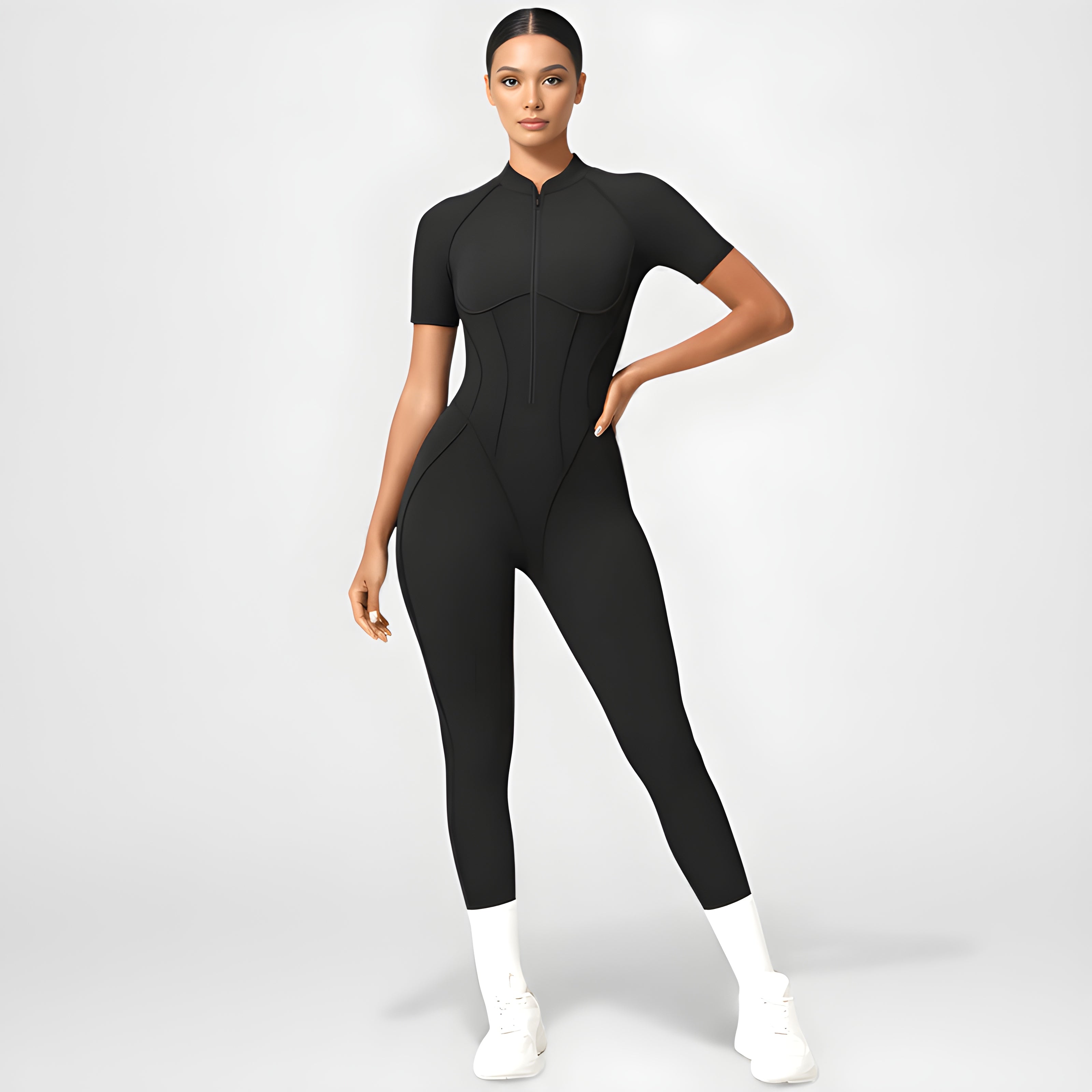Backless Zip Yoga Jumpsuit -Black