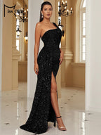 One-Shoulder Sequin Velvet Gown