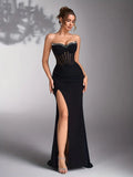 Embellished Corset Bandeau Maxi Dress with Thigh Slit
