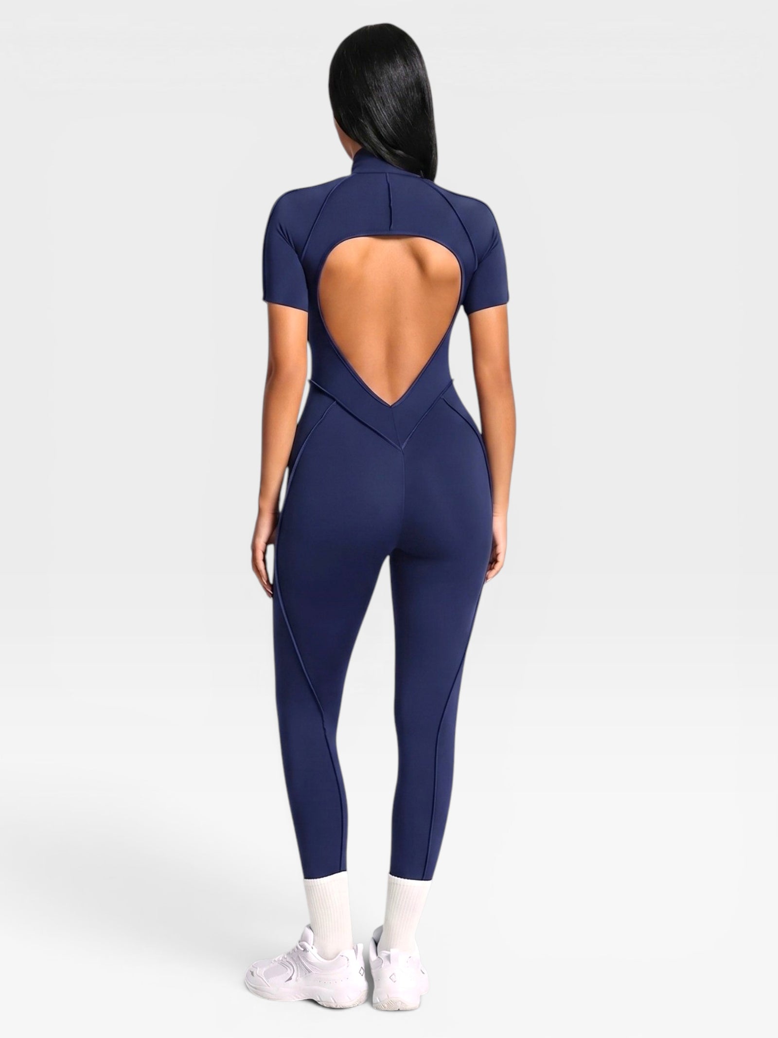 Backless Zip Yoga Jumpsuit -Navy
