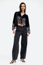 Women's Embroidered Cropped V-Neck Blouse with Lace-Up Detail – Summer Retro Chic Top