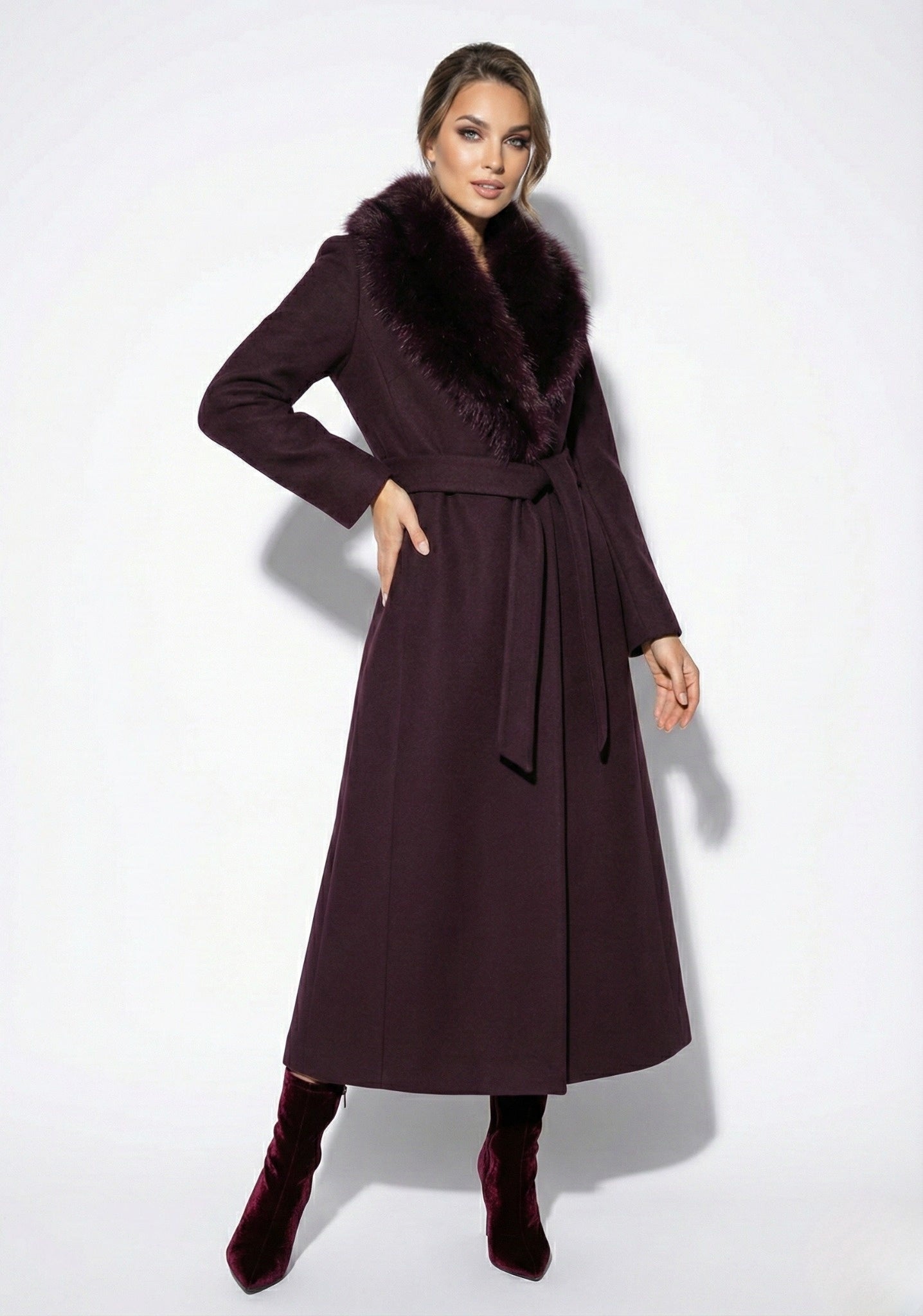 Fur Collar Wool-Blend Long Overcoat