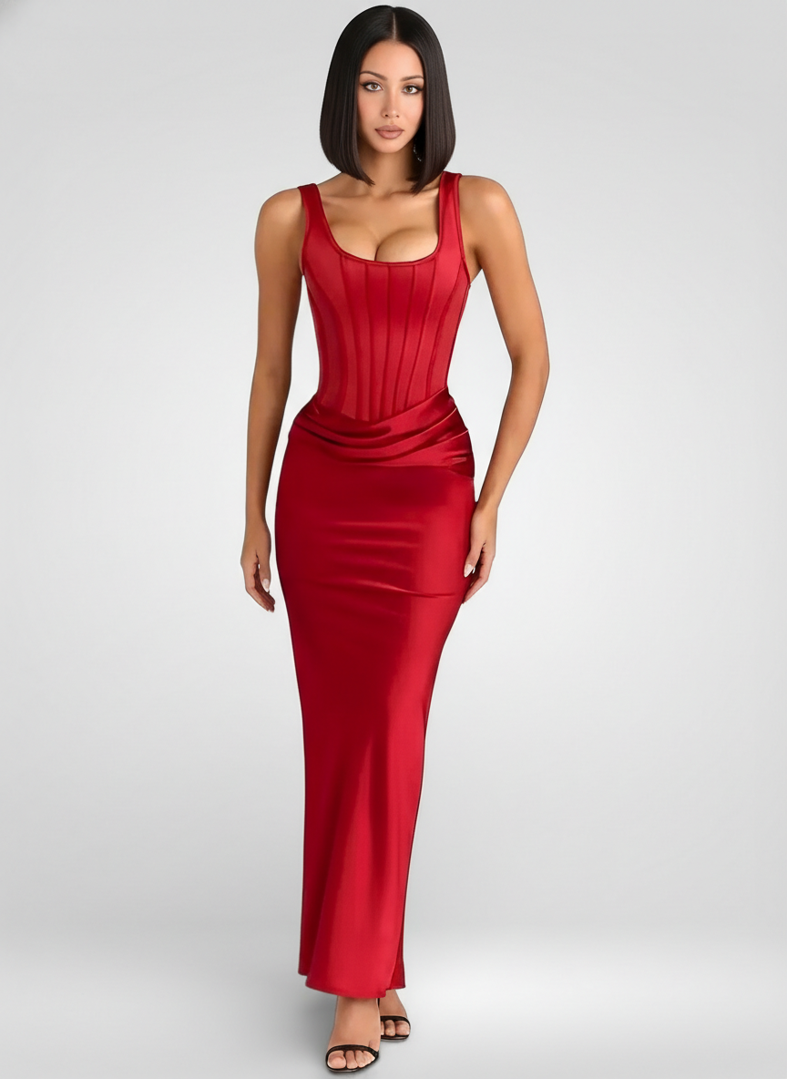Ruched Backless Elegance – Bodycon Maxi Gown