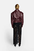 Burgundy PU Leather Buckle Jacket with Cinched Waist & Zip Details