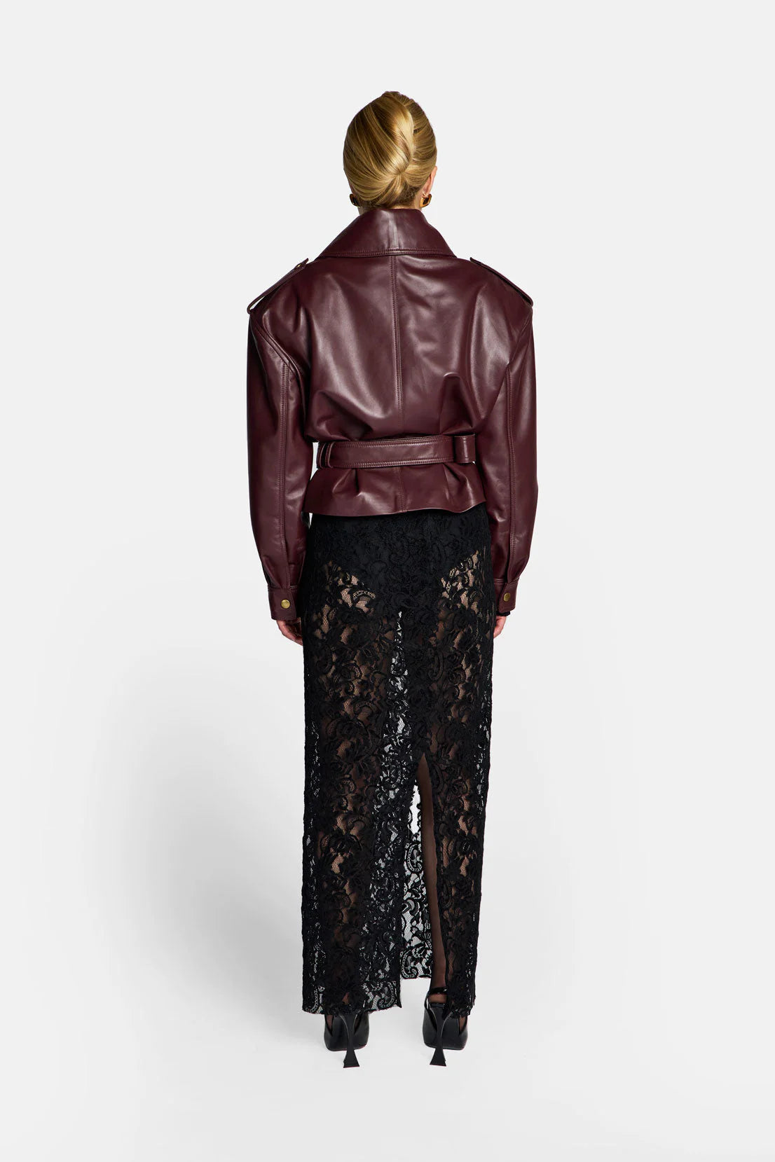 Burgundy PU Leather Buckle Jacket with Cinched Waist & Zip Details