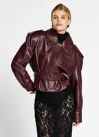 Burgundy PU Leather Buckle Jacket with Cinched Waist & Zip Details