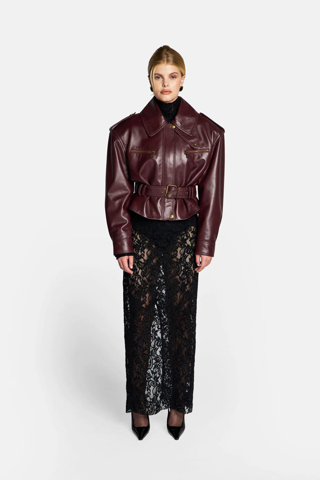 Burgundy PU Leather Buckle Jacket with Cinched Waist & Zip Details