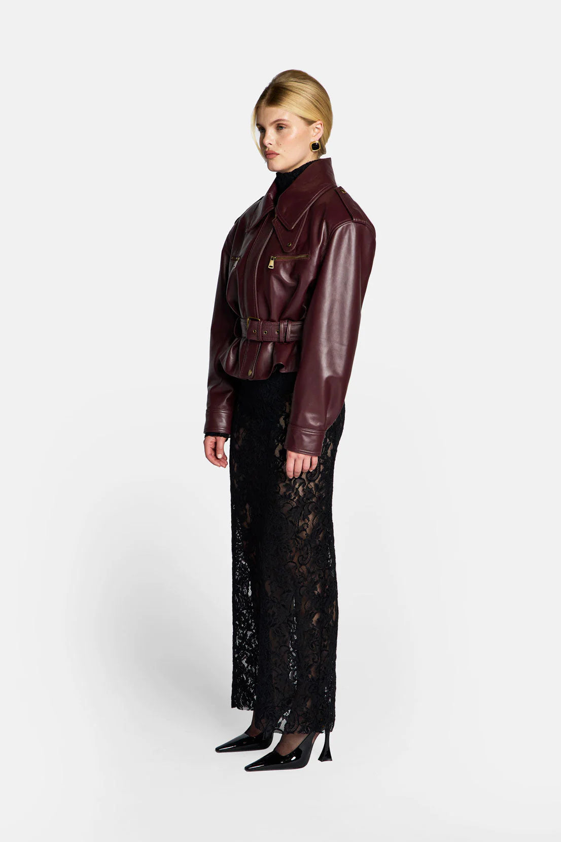 Burgundy PU Leather Buckle Jacket with Cinched Waist & Zip Details