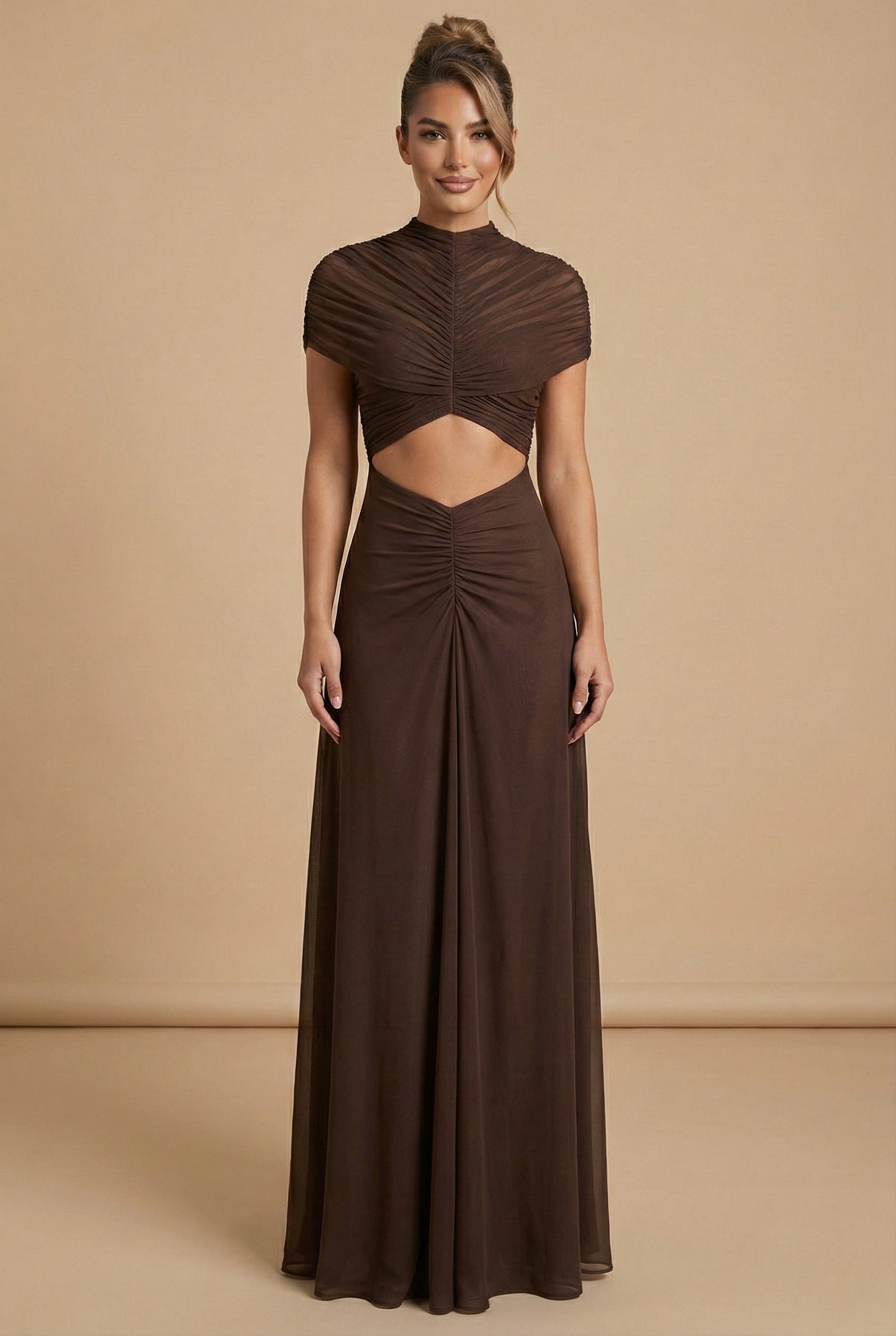 Coffee Mesh Cut-Out Maxi Dress