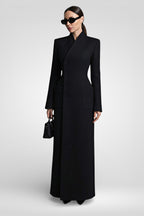 Elegant V-Neck Waist-Closed Slim Long Coat - Black