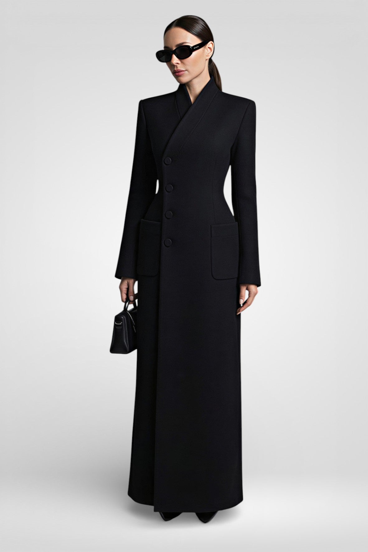 Elegant V-Neck Waist-Closed Slim Long Coat - Black