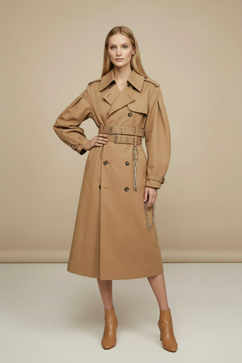 Women's Belted Double-Breasted Trench Coat – Long Slim Fit Autumn Jacket