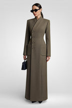 Elegant V-Neck Waist-Closed Slim Long Coat - khaki