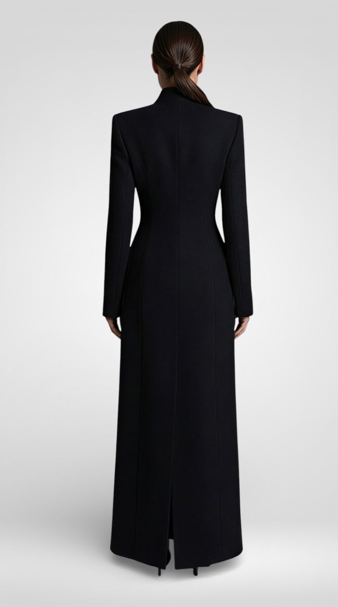 Elegant V-Neck Waist-Closed Slim Long Coat - Black
