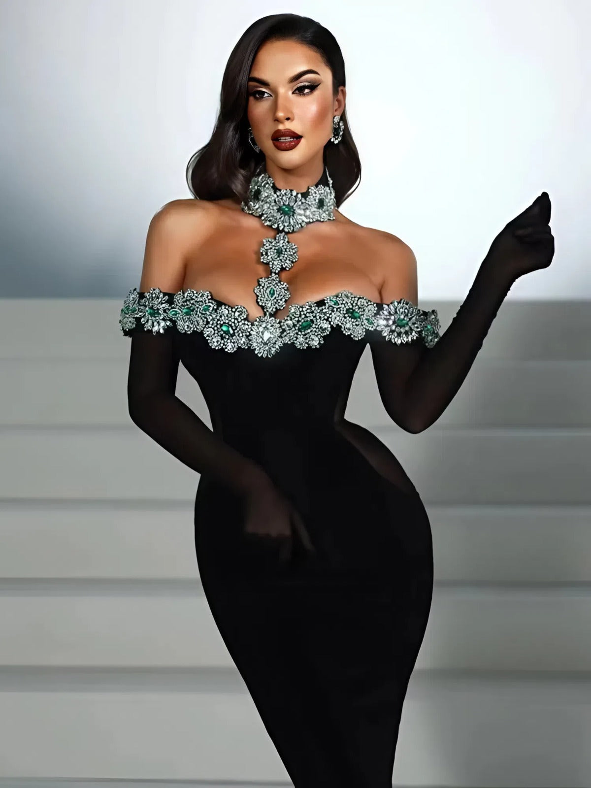 Crystal Embellished Maxi Dress – Off-Shoulder Bodycon Gown