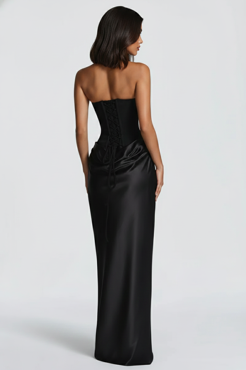 Black strapless gown on a white background