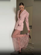 Double-Breasted Blazer & Sheer Skirt Set