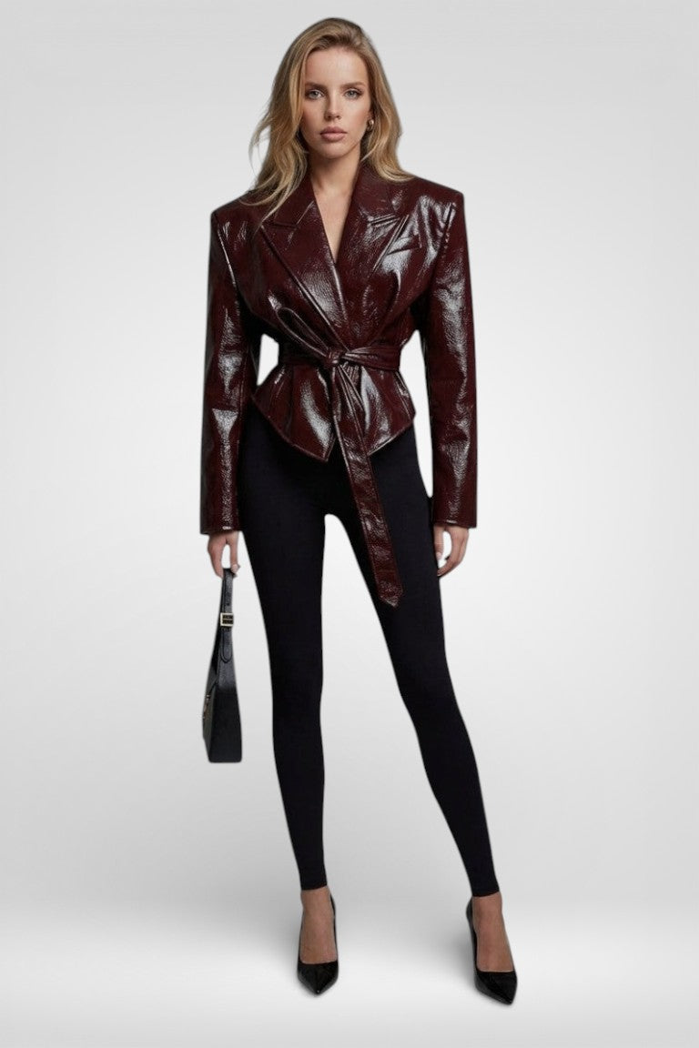 Belted Cropped PU leather Jacket