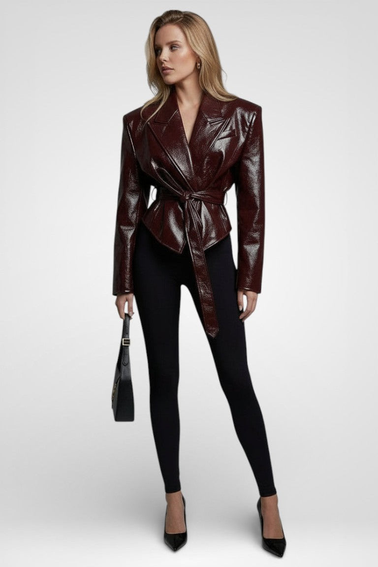 Belted Cropped PU leather Jacket