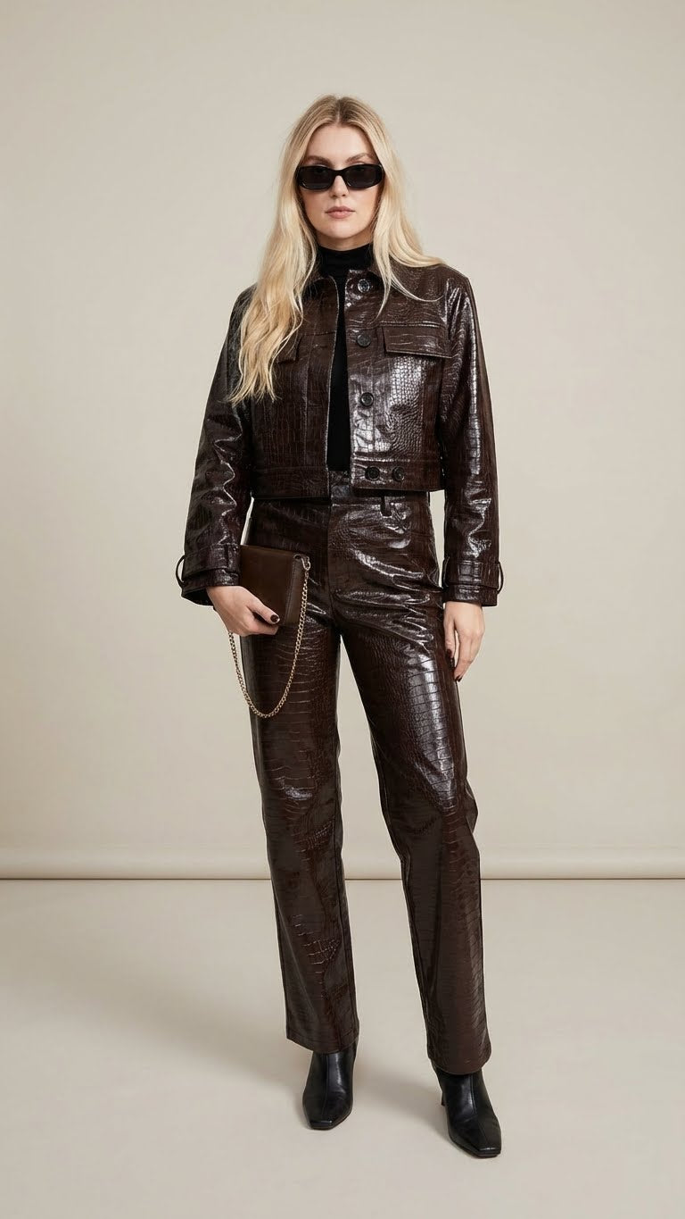 Glossy Croc-Effect Jacket & High-Waist Pants Set