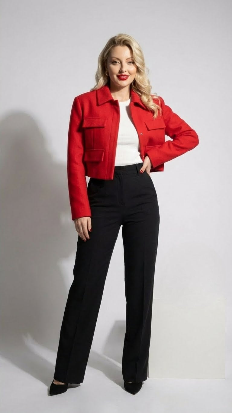 Bold Red Y2K Jacket – Cropped Boxy Fit with Collar Detail