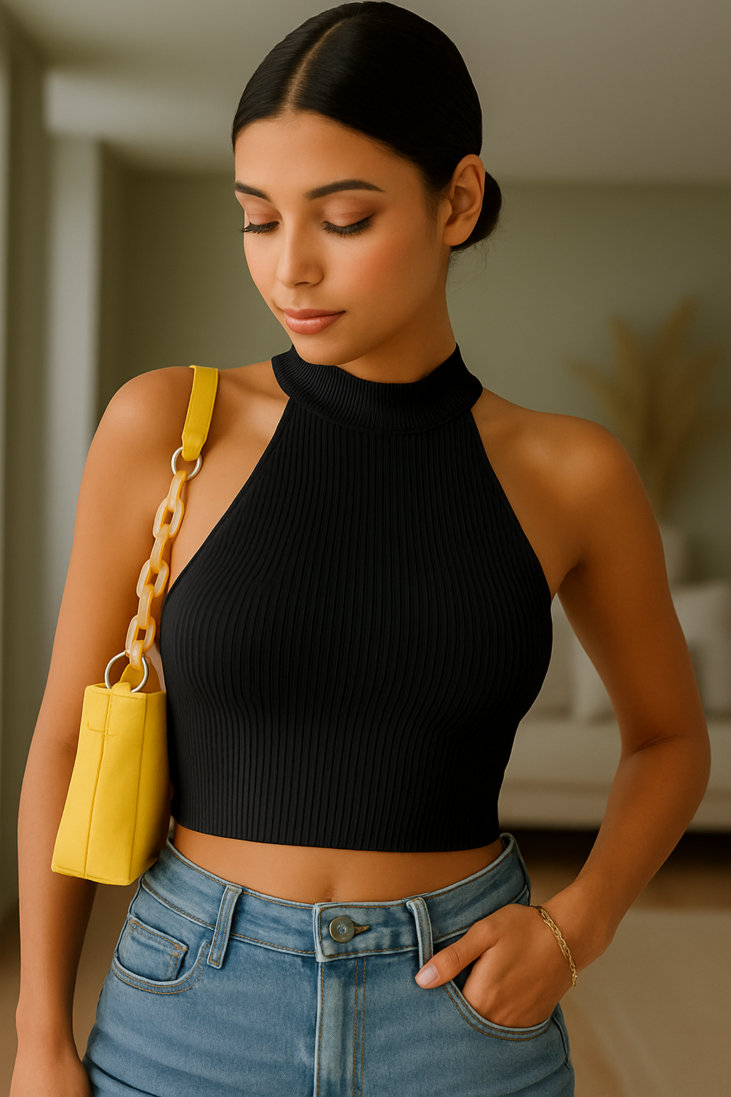 Žebrovaný top s krátkým rukávem – pletené tílko bez rukávů pro ženy