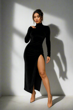 Elegant Velvet Midi Dress – High Neck & Thigh Split