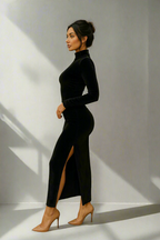 Elegant Velvet Midi Dress – High Neck & Thigh Split
