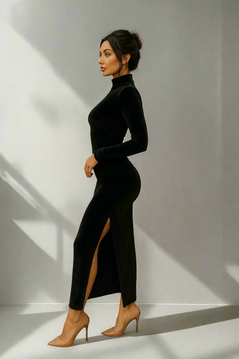 Elegant Velvet Midi Dress – High Neck & Thigh Split