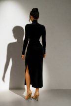 Elegant Velvet Midi Dress – High Neck & Thigh Split
