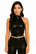 Neckholder-Top aus PU-Leder – rückenfreier Reißverschluss, Punk-Clubwear 