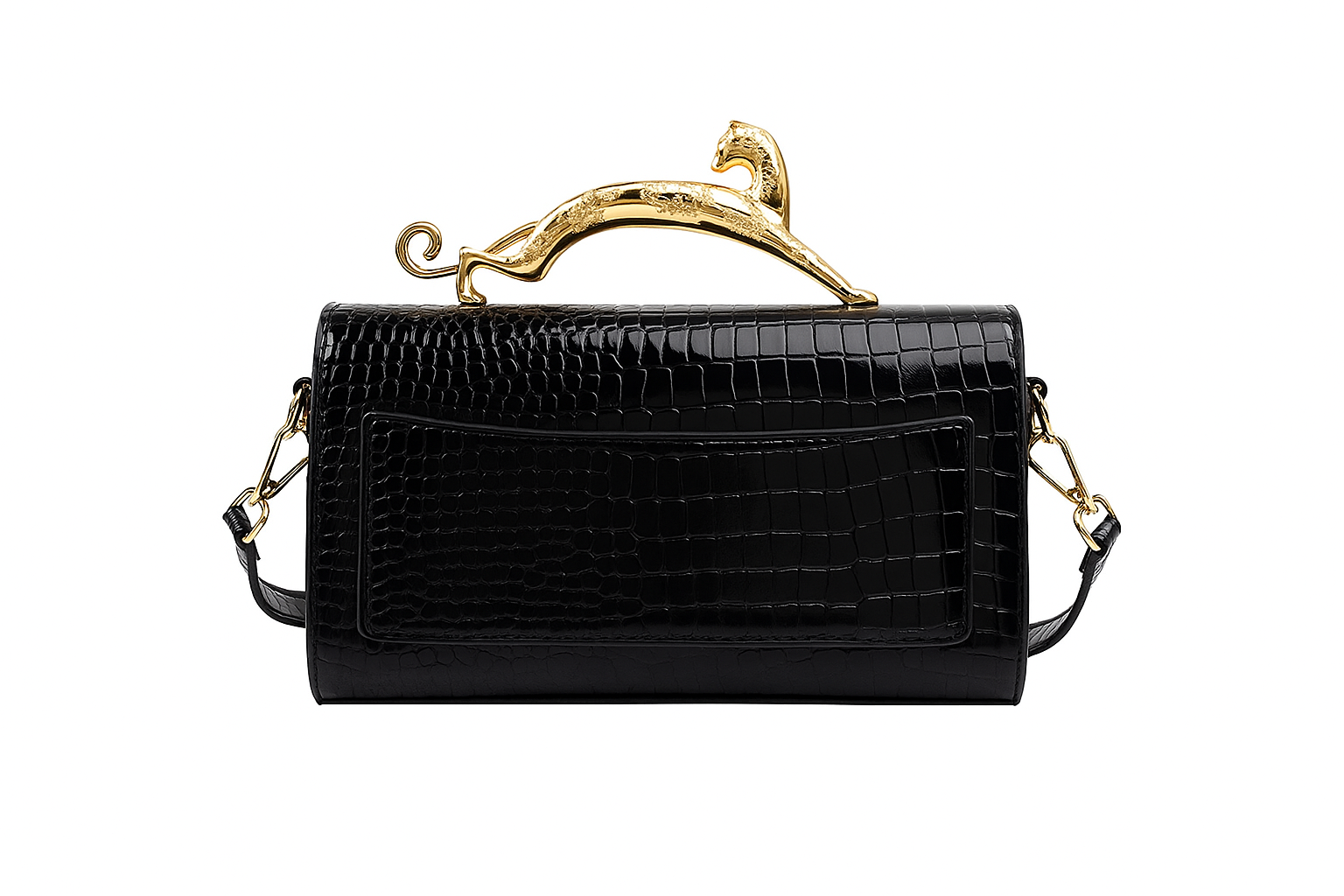 Luxuriöse Tasche mit Krokodilprägung und goldenem Panthergriff