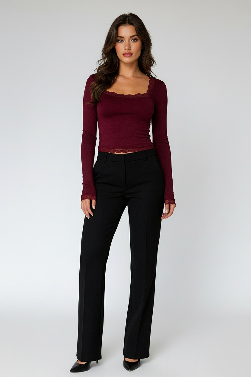 Slim Square Neck Crop Top with Flared Sleeves