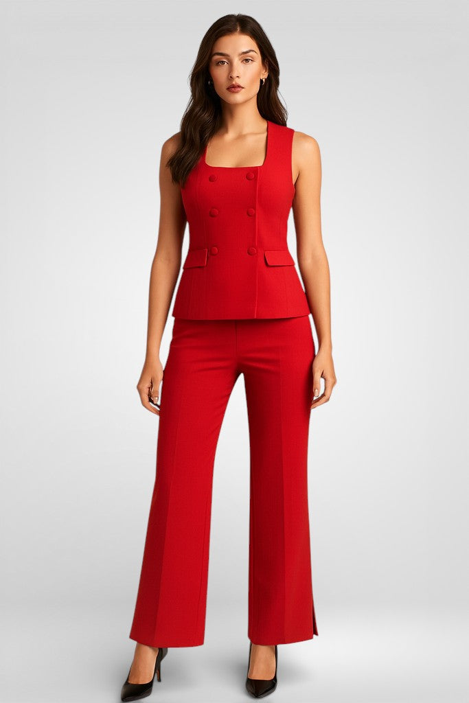 Women's Vintage Two-Piece Suit Set – Sleeveless Vest & Split Straight-Leg Pants