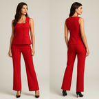 Ensemble deux pièces vintage pour femme – Gilet sans manches et pantalon droit fendu | Tenue de bureau printemps-été