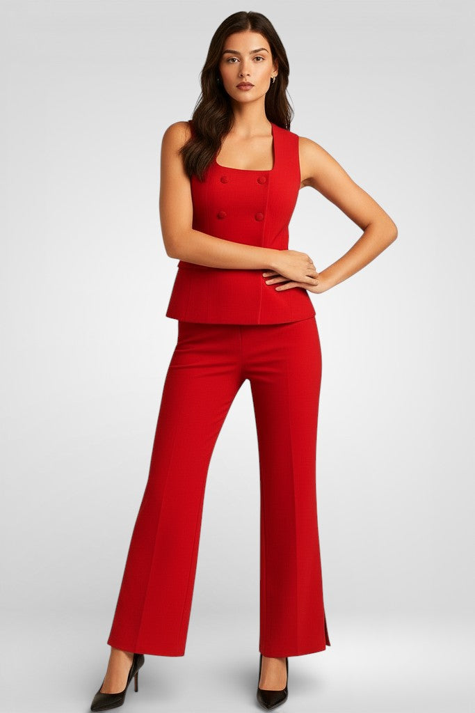 Ensemble deux pièces vintage pour femme – Gilet sans manches et pantalon droit fendu | Tenue de bureau printemps-été