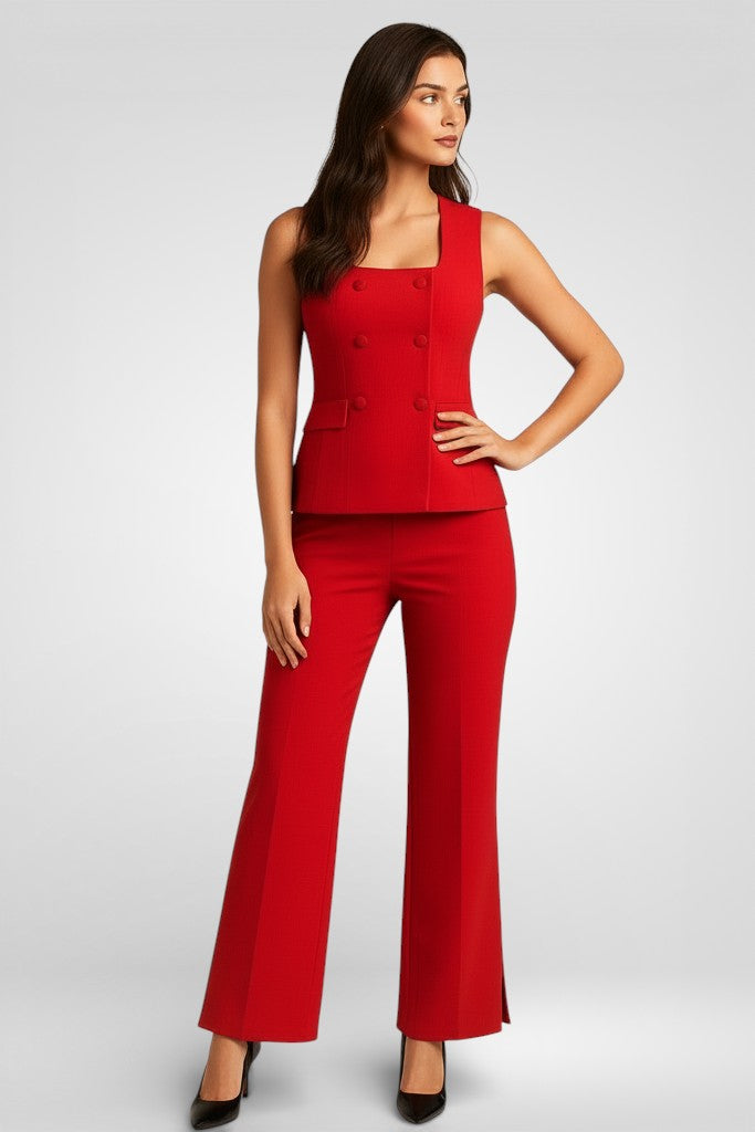 Ensemble deux pièces vintage pour femme – Gilet sans manches et pantalon droit fendu | Tenue de bureau printemps-été