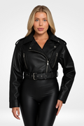 Women's Vintage Vegan Leather Biker Jacket – Oversized Belted Moto Style