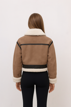 Women’s Sheepskin-Style Thermal Bomber Jacket – Thick Vintage Winter Coat with Sash & Lapel