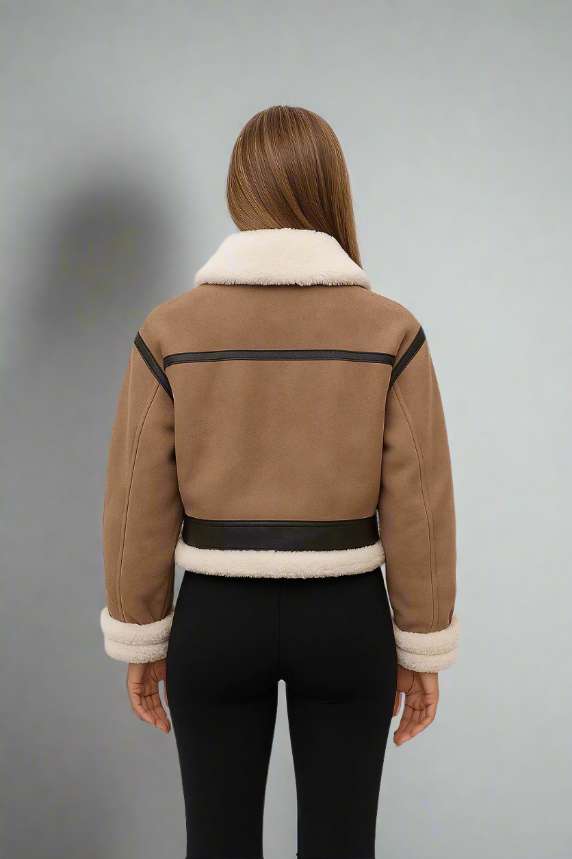 Dámská termo bomber bunda z ovčí kůže – silný vintage zimní kabát s šerpou a klopou 