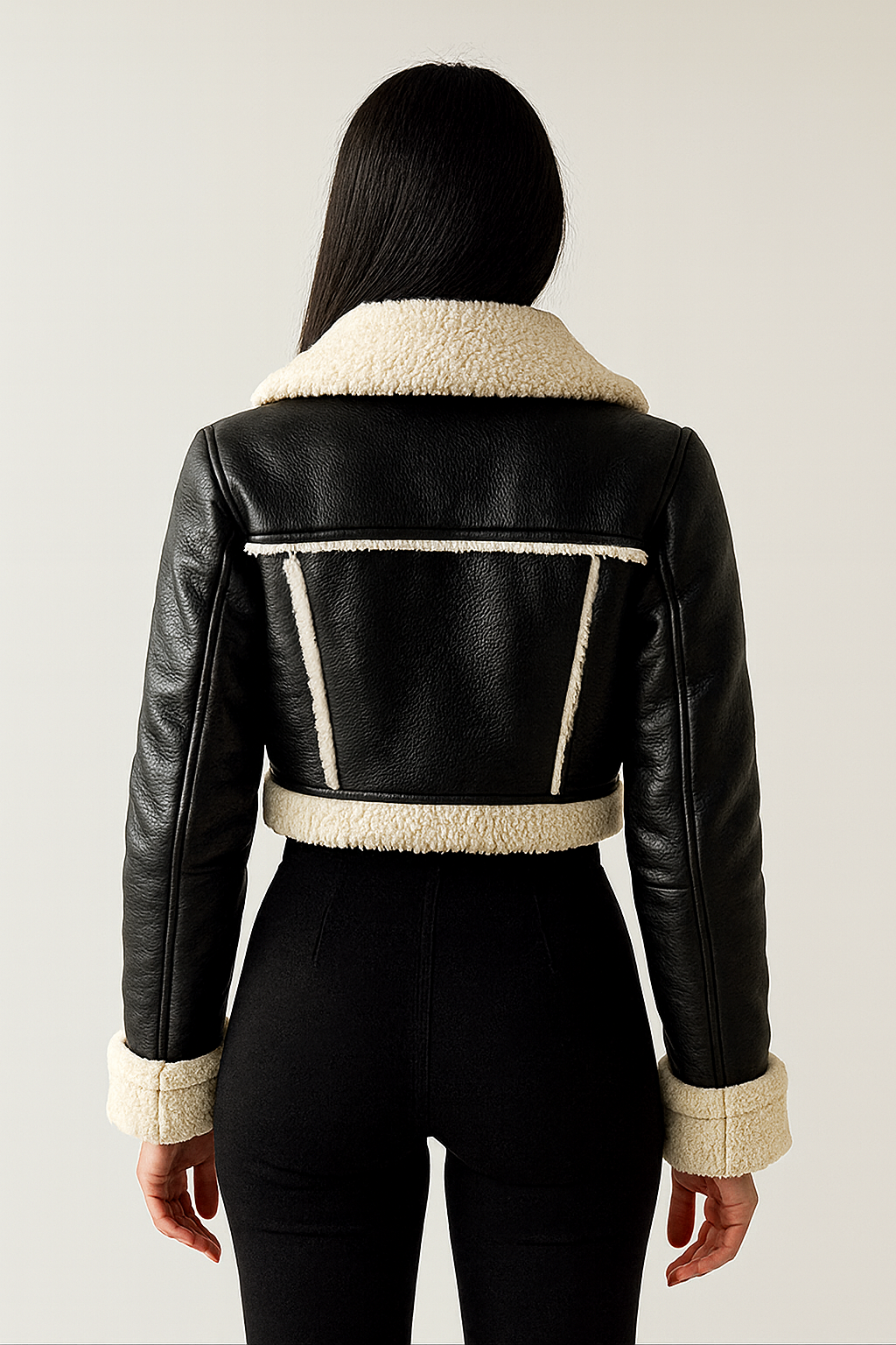 Cropped Faux Leather Jacket with Shearling Lining – Luxe Winter Fit