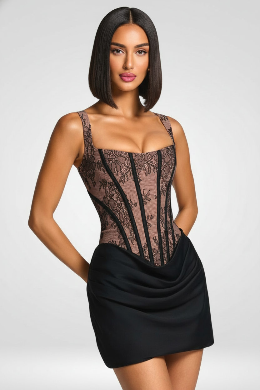 Woman wearing a black lace corset top and black skirt on a white background