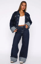 Vintage Denim Jacket and Pants Set – Women’s High-Waisted Wide Leg Jeans & Long Sleeve Coat for Streetwear Style