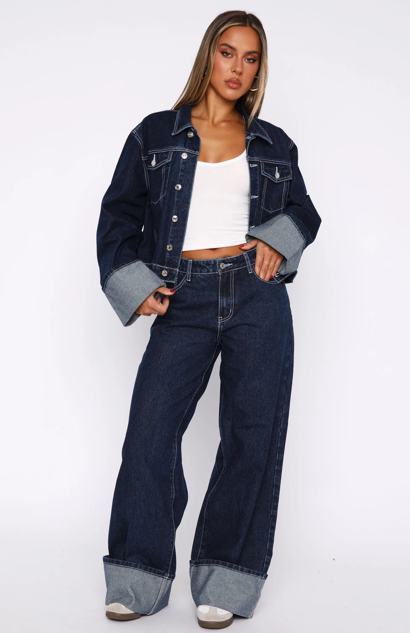Vintage Denim Jacket and Pants Set – Women’s High-Waisted Wide Leg Jeans & Long Sleeve Coat for Streetwear Style