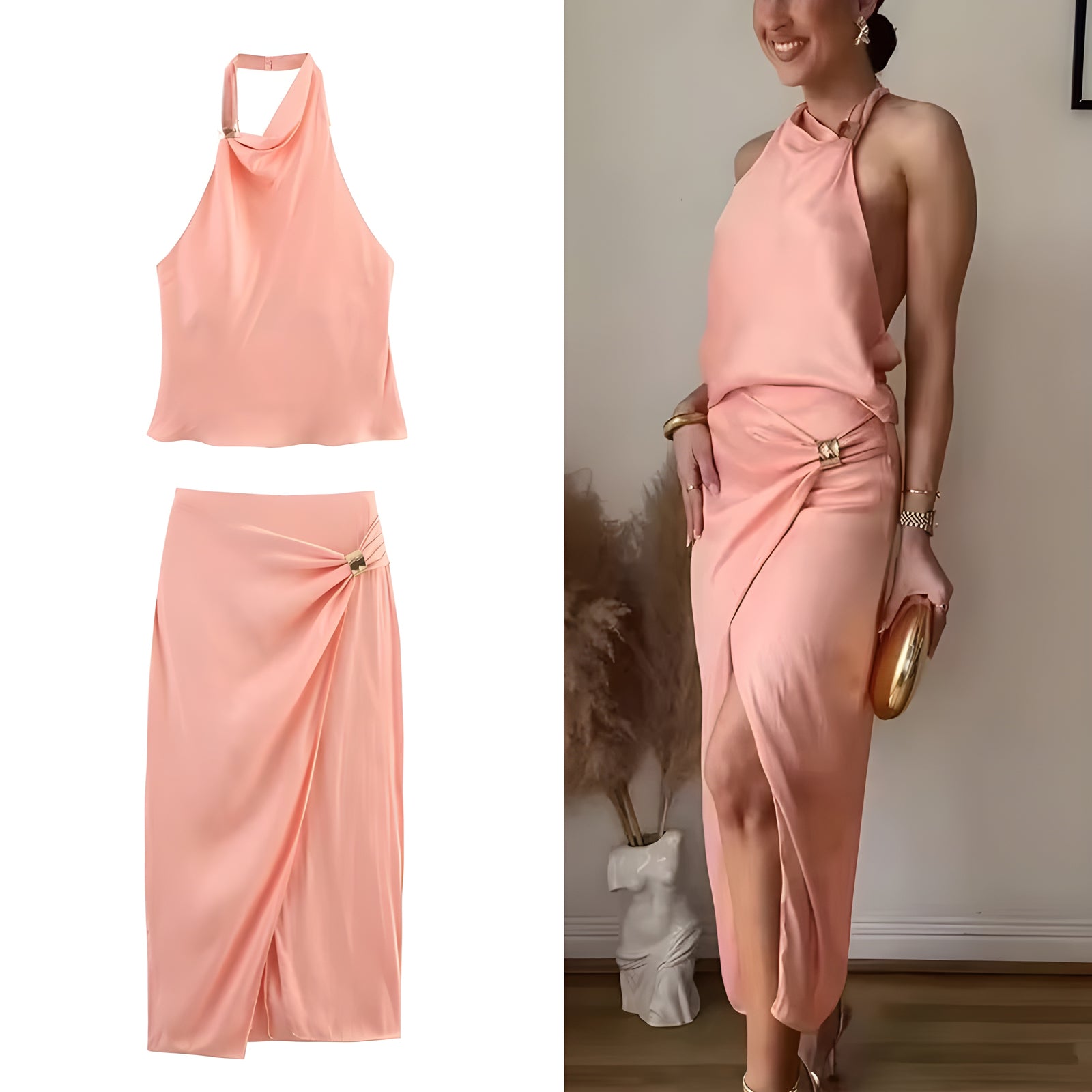 Women’s Pink Satin 2-Piece Skirt Set – Backless Halter Crop Top & High Waist Pleated Midi Skirt