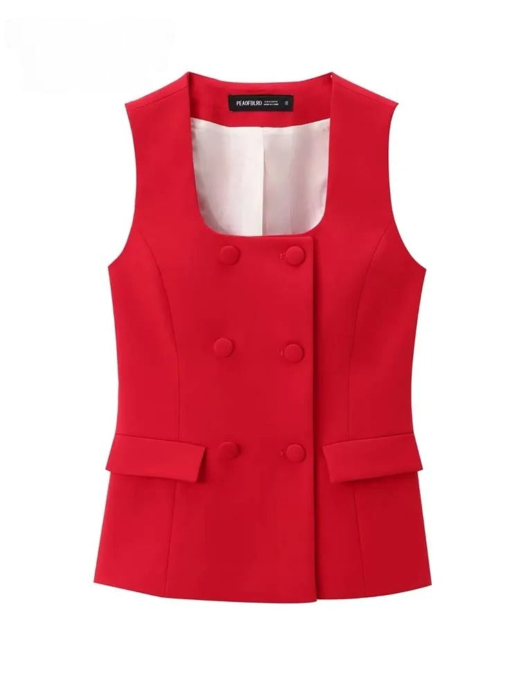 Women's Vintage Two-Piece Suit Set – Sleeveless Vest & Split Straight-Leg Pants | Spring Summer Office Outfit