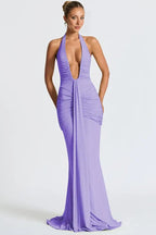 Maxikleid mit tiefem V-Ausschnitt, Neckholder und Raffungen