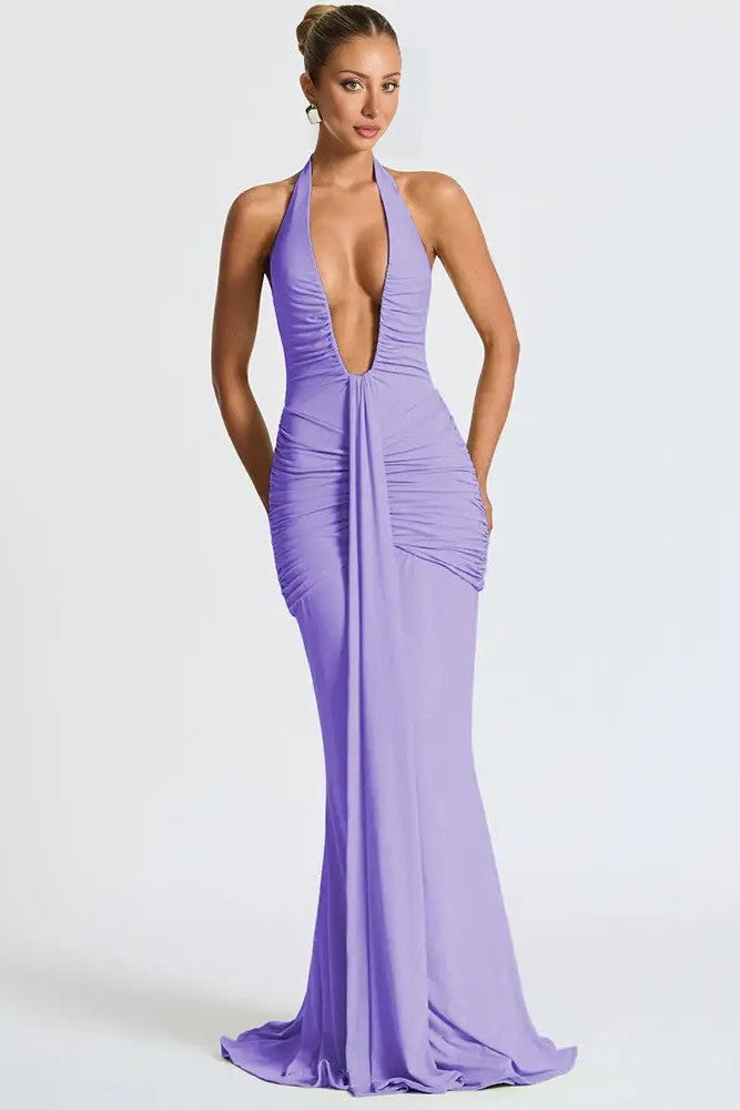 Deep V-Neck Halter Ruched Maxi Dress