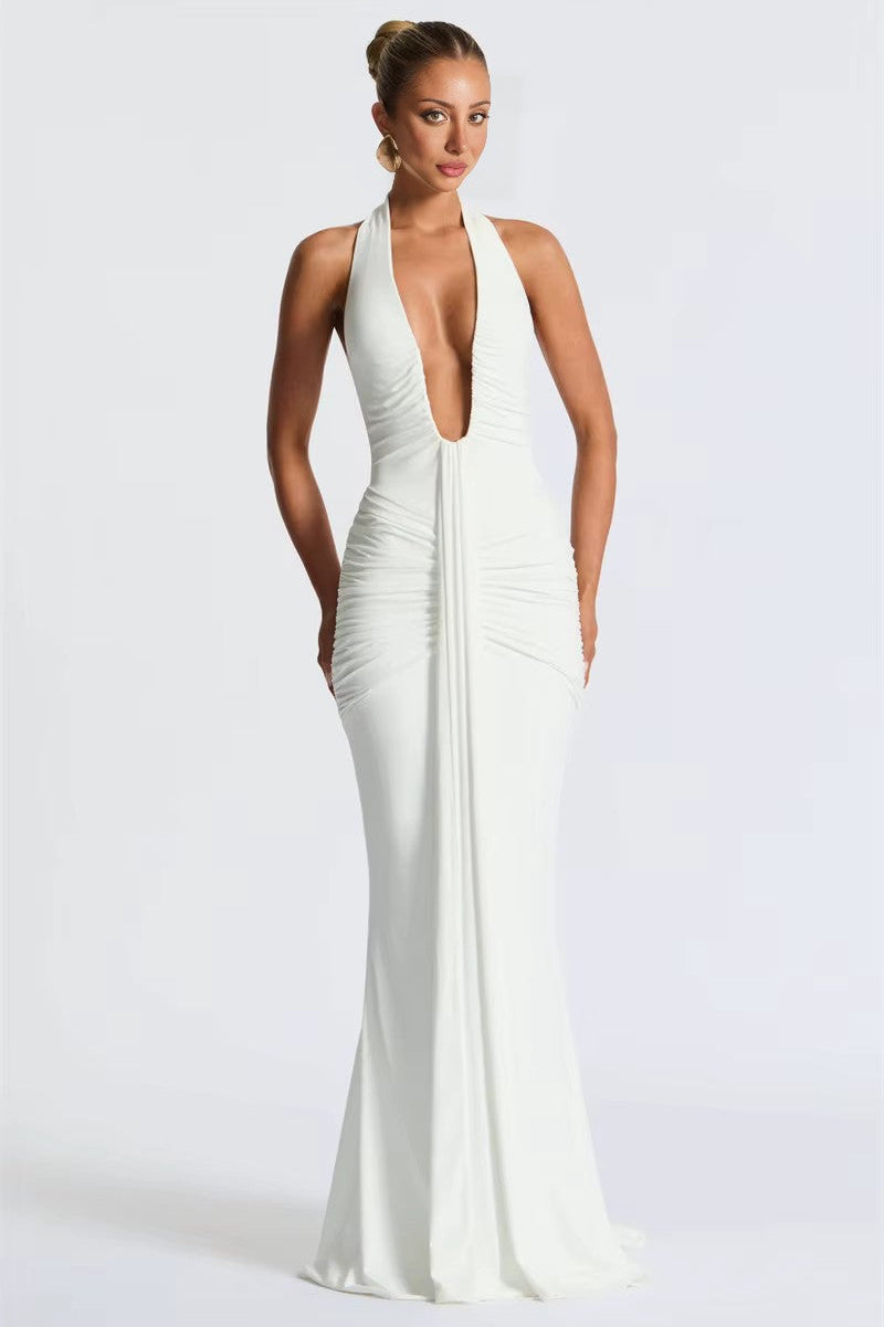 Deep V-Neck Halter Ruched Maxi Dress